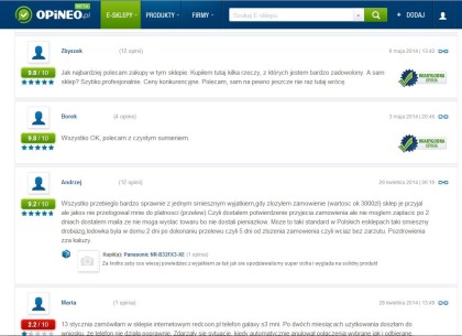 Screen strony www.opineo.pl - przykładowe opinie konsumentów